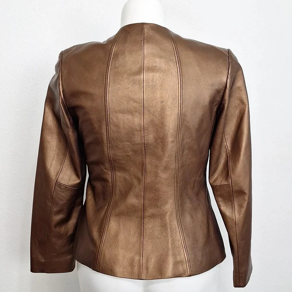 Preston & York Preppy Genuine Lamb Skin Minimalist Front Zip Biker Jacket M - Picture 4 of 8